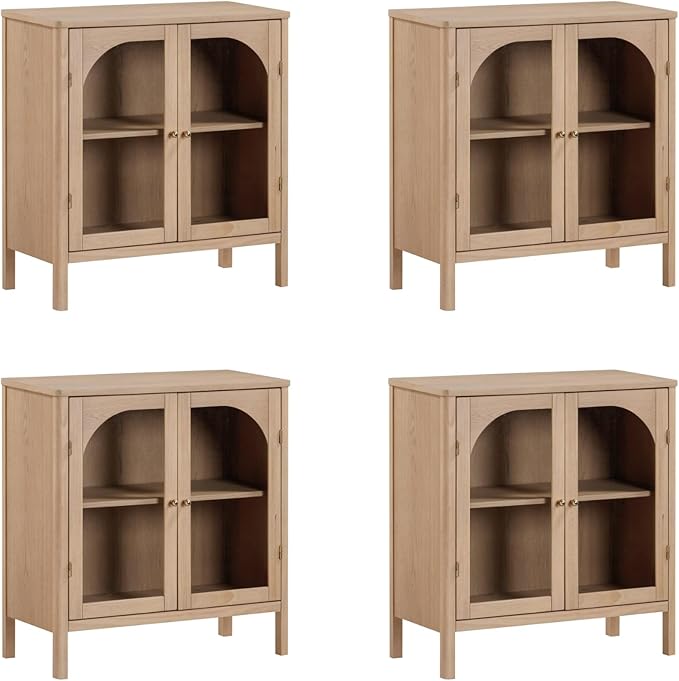 Nathan James Mason Modern Farmhouse TV Stand, Free Standing Accent Sideboard Buffet, Cabinet with Glass Doors and Adjustable Shelf, Clear Glass/Raw Oak Set of 4