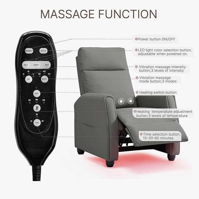 Recliner Chair for Adults PU Leather Push Back Armchair with 4 Colors Ambient Lighting Home Theater Seating with Massage & Heat Vibration Single Sofa for Living Room,Gray