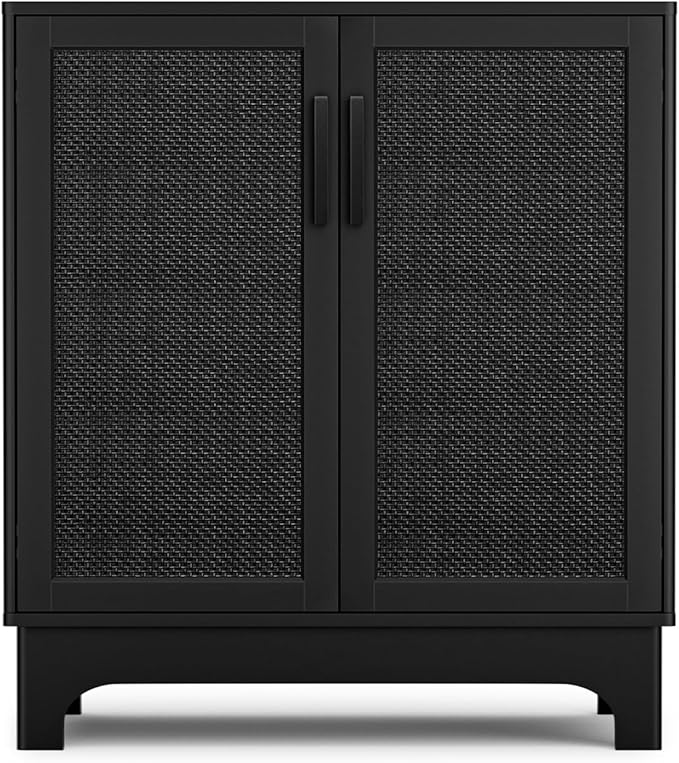 Black Rattan Cabinet, Natural Rattan Storage Cabinet with 2 Doors Adjustable Shelf Large Space Entryway Hallway Sideboard Buffet for Living Room Kitchen