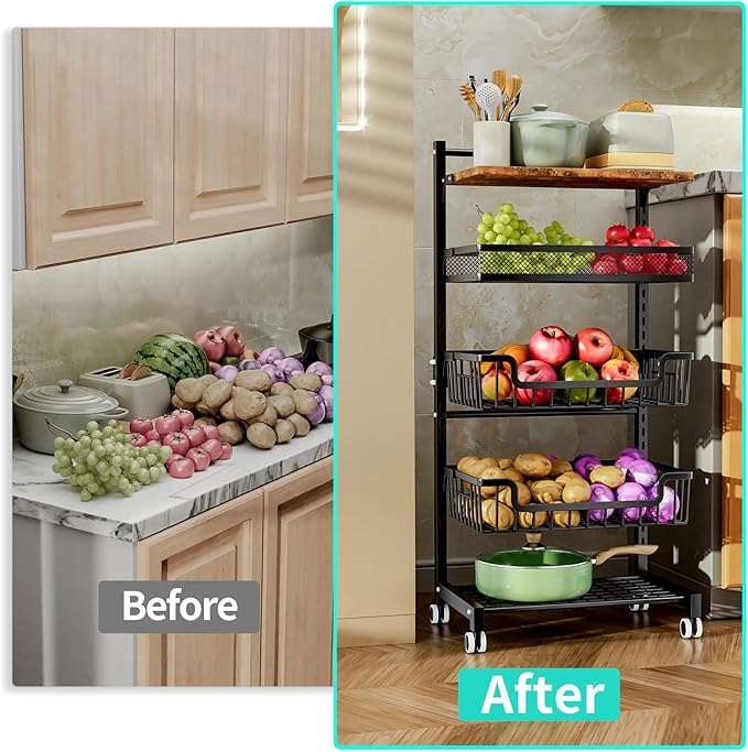 HapiRm Fruit Basket Kitchen Cart - 5 Tier Adjustable Vegetable Storage Rack, Large Capacity Rolling Kitchen Carts on Wheels for Snack Onion and Potato Storage
