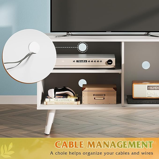 WLIVE TV Stand for 40 Inch TVs, Small Entertainment Center with Storage Cabinet, Mid-Century Modern TV Stands for Living Room and Bedroom, 32" TV Console, White