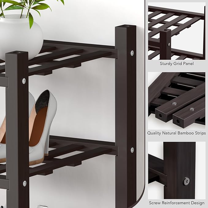 Haddockway small 6 Tier Bamboo Shoe Rack Storage Organizer, Multifunctional Free Standing Stackable Shoe Shelf with Grid Panel for Closet,Hallway,Entryway,Small Space 18"x11"x34"(Brown, 6-Tier(Small))