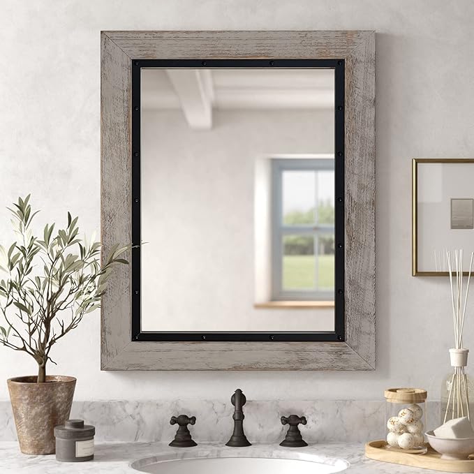 YOSHOOT Rustic Wooden Framed Wall Mirror, Natural Wood and Iron Bathroom Vanity Mirror for Farmhouse Decor, Vertical or Horizontal Hanging, 60" x 30", Grey