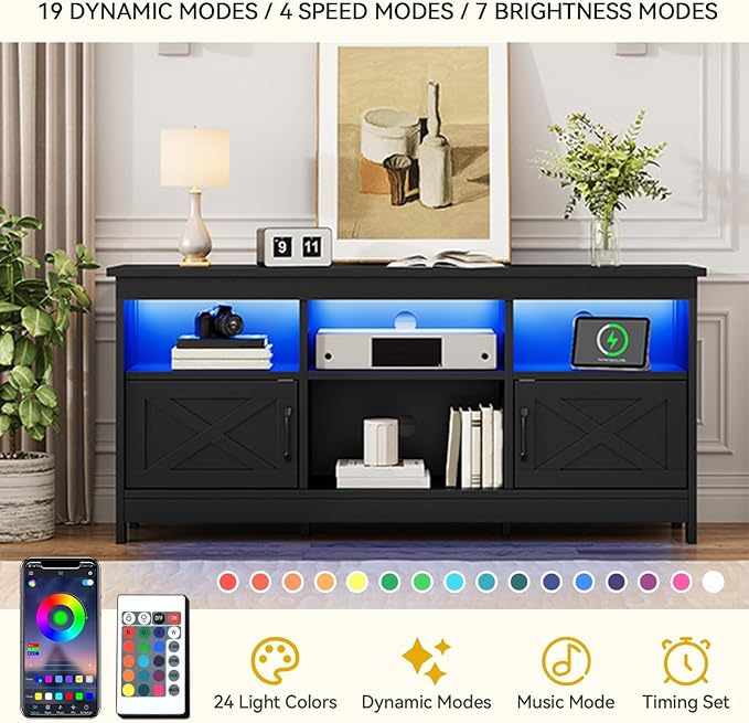 DWVO Black TV Stand for 65 Inch TV, Entertainment Centre, TV Cabinet with Power Outlet & LED Light Strip, Media Console Television Stands, Living Room Furniture 59 Inch