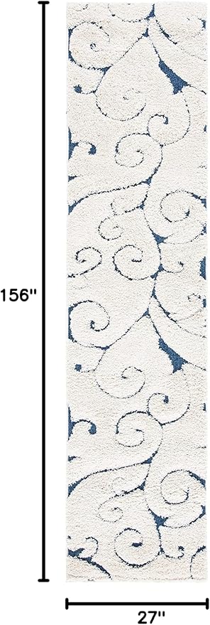 SAFAVIEH Florida Shag Collection Runner Rug - 2'3" x 13', Cream & Blue, Scroll Design, Non-Shedding & Easy Care, 1.2-inch Thick Ideal for High Traffic Areas in Living Room, Bedroom (SG455-1165)