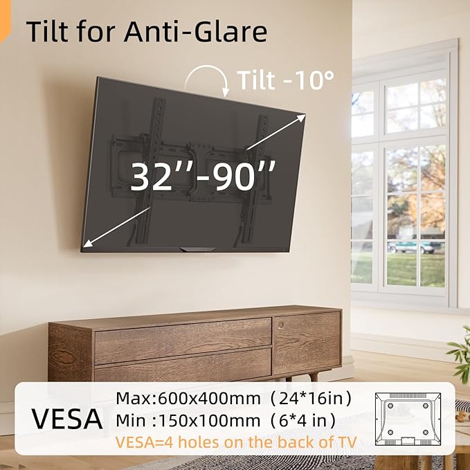 IWORKBORAD 55 65 75 85 inch Low Profile TV Wall Mount for 32-90 '' TVs, Tilt TV Mount Bracket, Safe Lock & Quick Release, Max VESA 600x400mm, 24 inch Studs,132 lbs, Fit Most 55+ 75+ 85+ 86 TVs