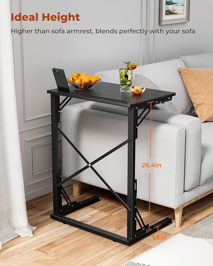 21''Wx28''H Folding TV Tray Set of 2, Small Foldable C-Shaped Tray Table for Eating with Tablet and Phone Slots, Slide Under Couch Side Table for Recliner, Living Room, Bedroom, Black