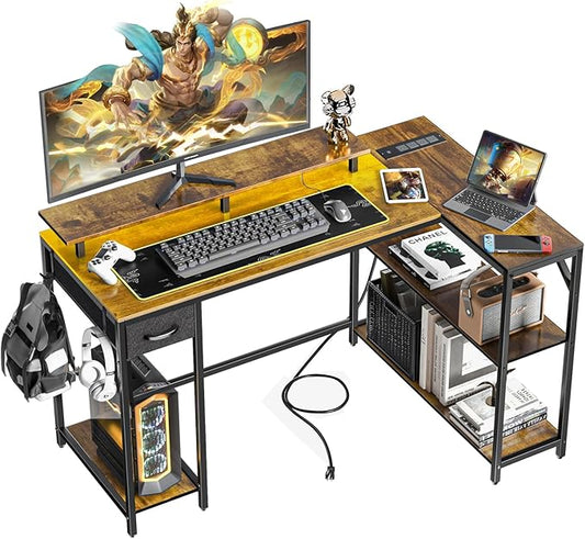 47" L Shaped Computer Desk with LED Light and Power Outlet, Reversible L Shaped Desk with Monitor Stand and Drawer, Gaming Desk with Shelves and 2 Hooks for Home Office Bedroom