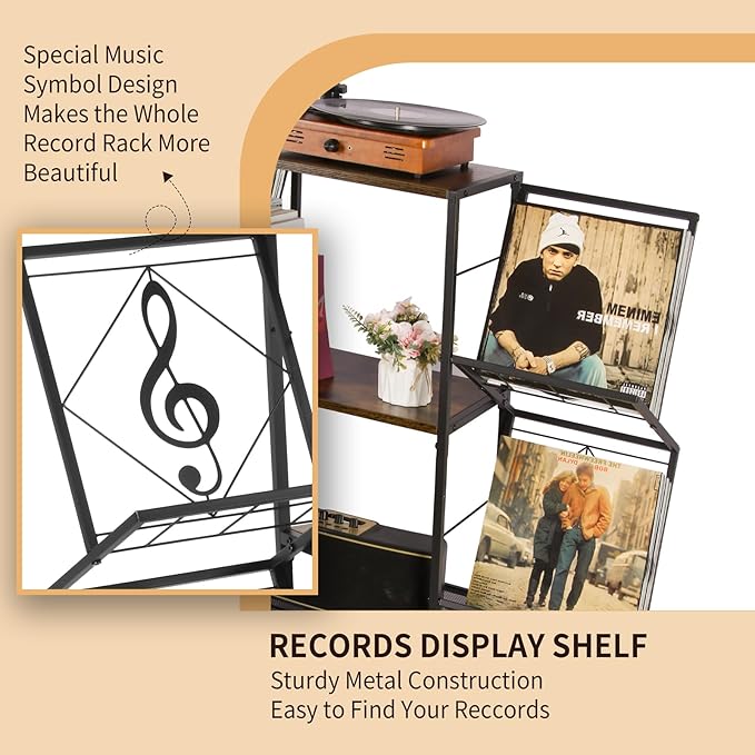Record Player Stand with Vinyl Record Storage, Turntable Stand with 4-Tier Vinyl Display Shelf & Metal Frame, Record Holder for Living Room, Rustic Brown