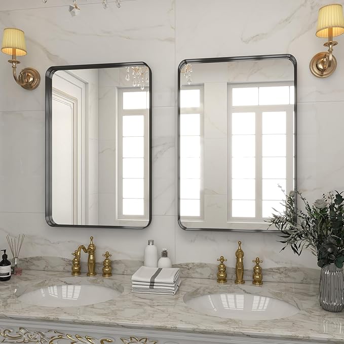Bathroom Mirror 24x36 inch, Black Gorgeous Deep Frame Wall Mirror, Modern Round Corner Bathroom Vanity Mirror for Bedroom, Living Room, Hanging or Leaning Horizontal or Vertical, Black