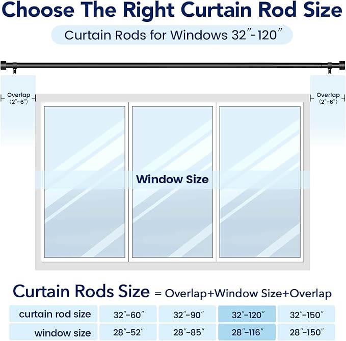 2 Pack Curtain Rods for Windows 66 to 120 Inch(5.5-10ft), 1 Inch Black Heavy Duty Curtain Rod Set, Adjustable Extra Long Outdoor Drapery Rods for Patio, Size 32"- 120"