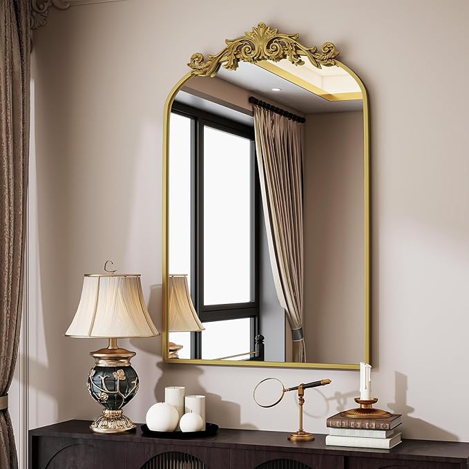 Vintage Arched Bathroom Mirror, 24x36 Inch Retro Wall Mounted Vanity Mirror with Carved Pattern Top and Metal Frame, Gold Decorative Mirror for Hanging or Leaning