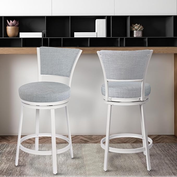 Bar Stools, Counter Height Barstools Set of 2, 25" Linen Fabric Metal Round Swivel Bar Chairs with Back, Modern Upholstered Counter Stools for Kitchen Island, Grey & White