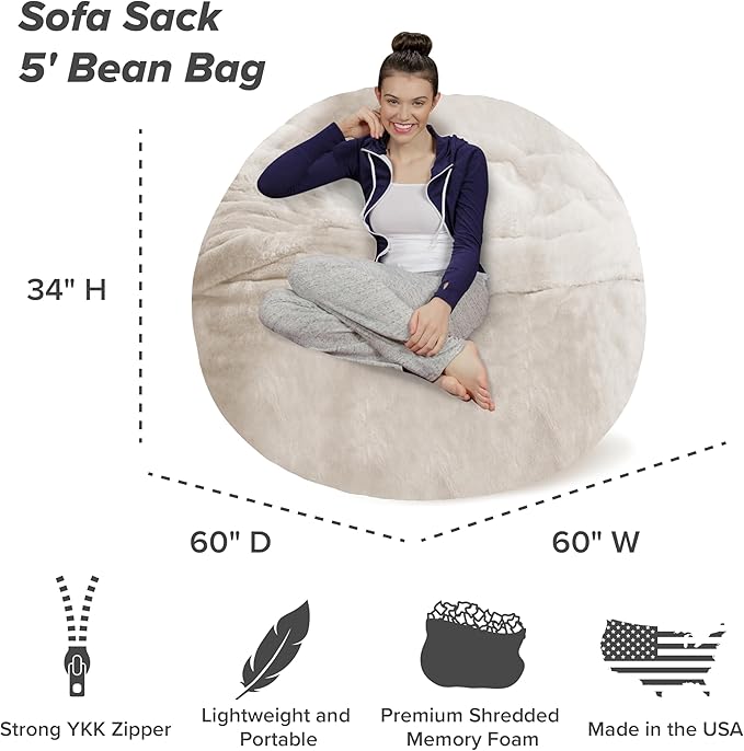 Sofa Sack Bean Bag Chair - Plush, Ultra Soft - Memory Foam Bean Bag Chair with Faux Rabbit Fur Cover - Stuffed Foam Filled Furniture and Accessories for Dorm Room 5 Feet - Cream