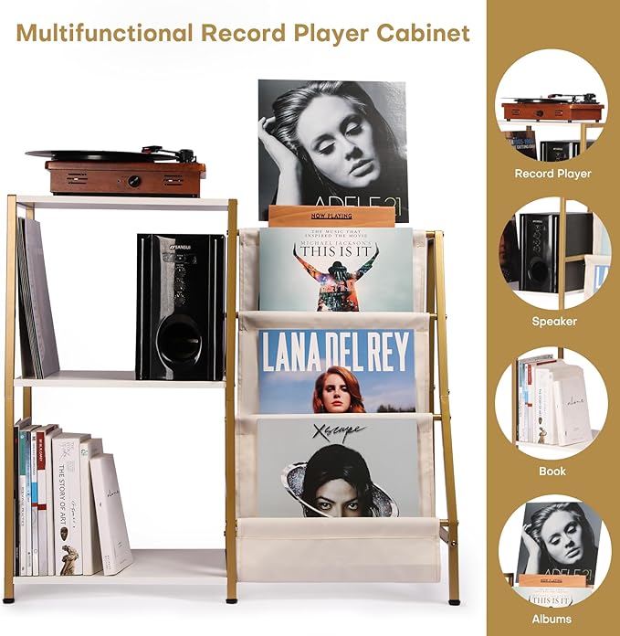 Stand for Record Player, 3 Tier Vinyl Record Storage with Now Playing Holder, Turntable Stand, Vinyl Display with Speaker Storage for Living Room, Gold White