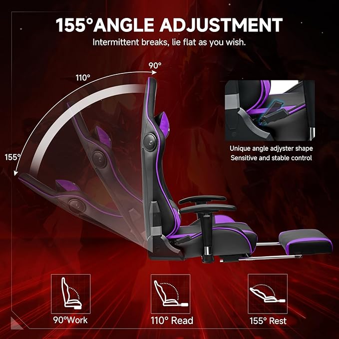 GTPLAYER Gaming Chair with Bluetooth Speakers and Footrest, Ergonomic Gamer Chair with Reclining Backrest, 3D Armrests, Adjustable Seat Height, Computer Desk Chair for Adults (Purple)