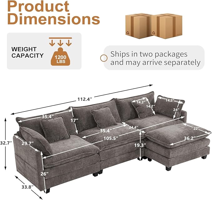 Furniliving 112‘’ L-Shaped Sofa, Luxury Chenille Modular Sectional Couches with Ottoman, Upholstered Deep Seat Sleeper Sofa with Memory Foam and Waist Pillows, Grey