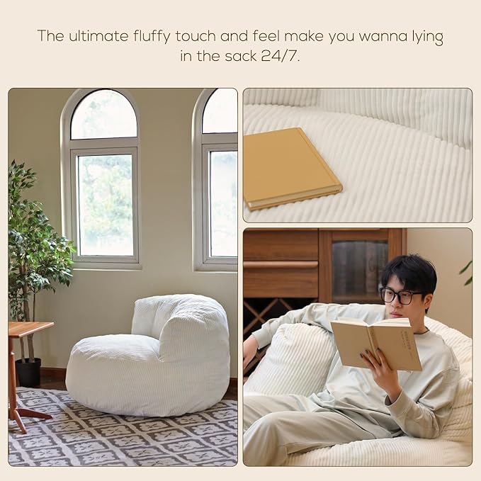 N&V Large Crescent Bean Bag Chair, Adult Size Bean Bag Sack, Foam Filling, Soft Premium Corduroy Bean Bag for Living Room Bedroom Dorm and Office (Salmon)