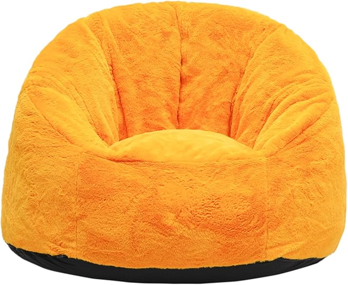 N&V Medium Shell Bean Bag Chair, Adult Size Bean Bag Sack, Foam Filling, Includes Removable and Machine Washable Cover, 37in, Soft Faux Fur, Yellow