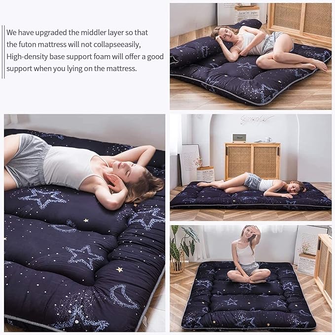 MAXYOYO Japanese Futon Mattress Floor Mattress Sleeping Pad Foldable Bed Roll Up Camping Cushion Floor Lounger Bed Couches and Sofas Couch Topper, Moon and Star, Twin Size