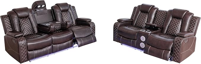 Ball & Cast Power Recliner Sofa Set Leather Reclining Sofa Set Living Room Furniture Set 3PCS Recliner Couch Loveseat & Chair Sets with Coffee Table,Reading Light,Cup Holders for Home Theater Seating