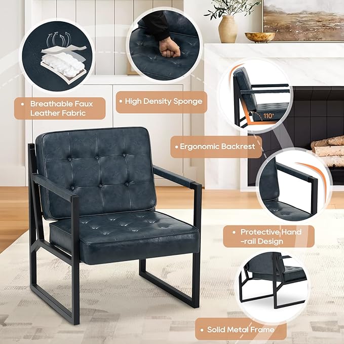 COLAMY Modern Accent Chair, Accent Arm Chair for Living Room, Comfy Leather Armchair with Metal Legs for Bedroom Reception Waiting Room, Blue
