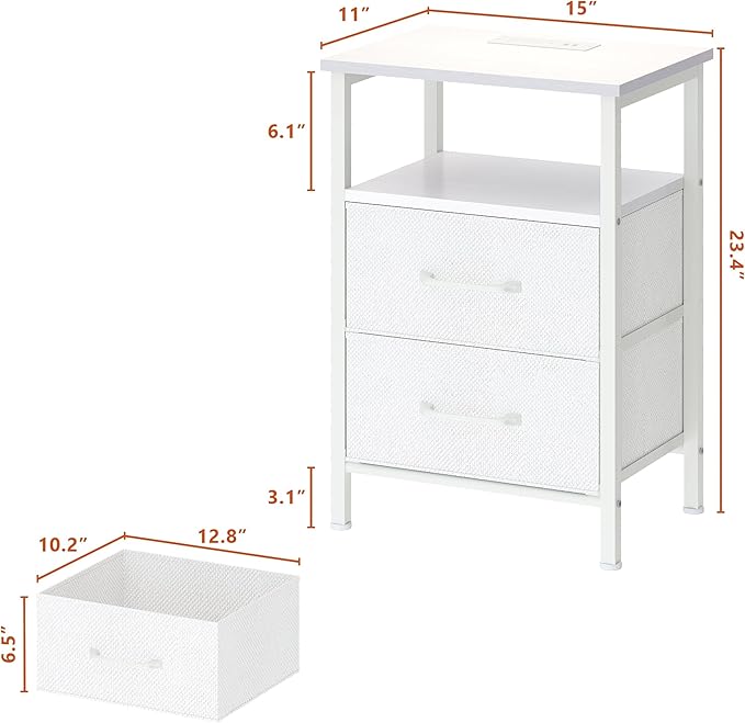 Nightstands Set of 2, Night Stand with Charging Station and Led Lights, Bedside Table with 2 Fabric Drawers for Bedroom, Small Side End Table with Open Shelf, White