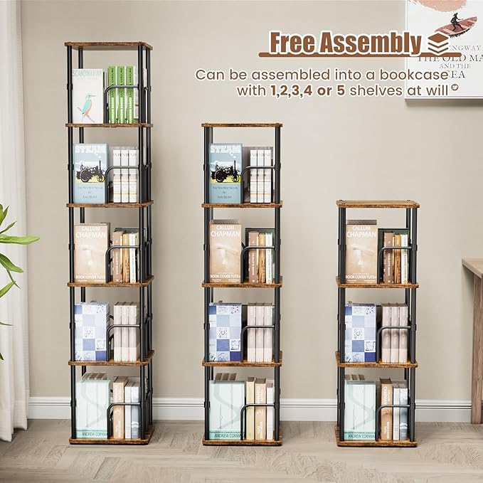 5 Tier Square Rotating Bookshelf, 360 ° Display Stackable Spinning Bookshelf Tower, Space Saving Tall Floor Standing Swivel Bookcase Corner Storage Organizer for Living Room, Rustic Brown, Small Size