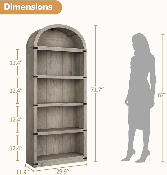 GarveeHome Bookcase 5 Shelf Arched Bookshelf 71.65in Tall Bookcase Farmhouse Display Storage Rack Wooden Bookshelves for Home Office, Living Room (Rustic Gray)