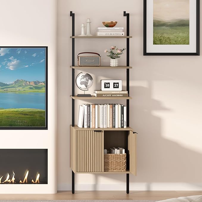 Yusong 73" Tall Bookshelf with Cabinet, Industrial Ladder Wall Mount Shelf Bookcase with Wood and Metal Frame, Plant Shelf Wall Storage Display for Living Room Bedroom, Wavy Light Ivory
