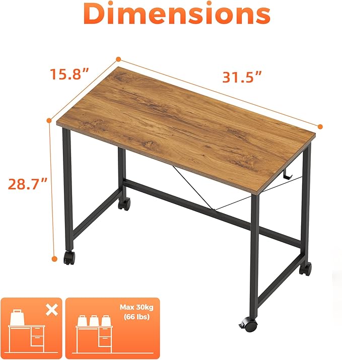 Rolling Computer Desk with Wheels, Gaming Desk for Small Spaces, Modern Simple Style Table for Home Office, Study Writing Table (Caster, Light Antique, 32 inch)