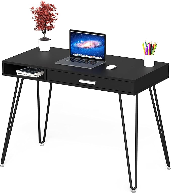 SHW Home Office Computer Hairpin Leg Desk with Drawer, Black