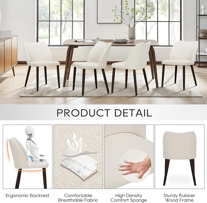 COLAMY Upholstered Dining Chairs Set of 2, Modern Fabric Dining Room Kitchen Side Chair with Padded Seat and Wood Legs for Restaurant/Cafe, Beige