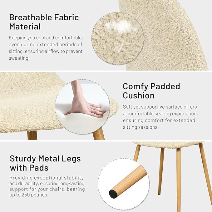 FurnitureR Dining Chairs Set of 4, Upholstered Chenille Fabric Dining Room Seating with Sturdy Metal Legs, Armless Mid-Back Side Chairs for Kitchen, Living Room, Bedroom, Home Office, Beige Cream