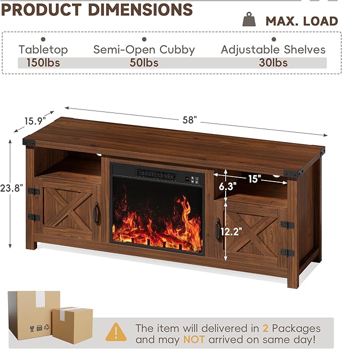 YESHOMY Fireplace TV Stand with Barn Doors and Open Display Shelf, Farmhouse Media Console with Hidden Cable Routing, Entertainment Center for Televisions up to 65+ Inch, Walnut