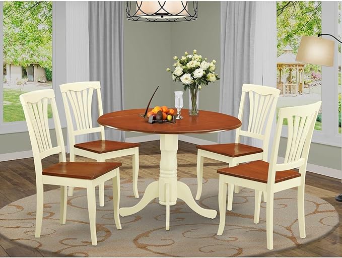 East West Furniture DLAV5-BMK-W 5 Piece Kitchen Table Set for 4 Includes a Round Dining Room Table with Dropleaf and 4 Solid Wood Seat Chairs, 42x42 Inch, Buttermilk & Cherry