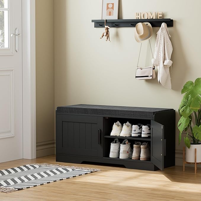 2-Tier Storage Bench, Shoe Bench with Thickened Padded Seat Cushion, Entryway Bench with 2 Doors, Adjustable Shelf, 13.8" D x 37.4" W x 18.5" H, for Entryway, Living Room, Bedroom, Black
