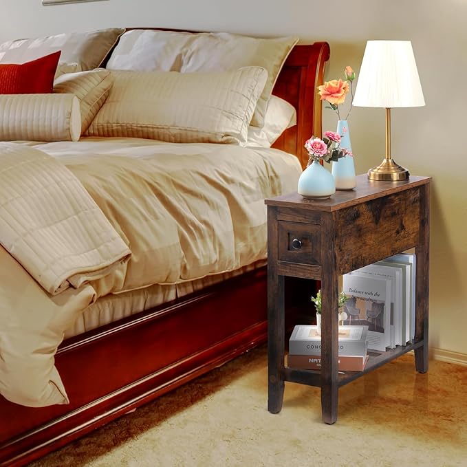 Brown Chairside Narrow End Table, Solid Wood Recliner Side Table with Drawer, Slim Nightstand Bedside Table for Living Room Bedroom