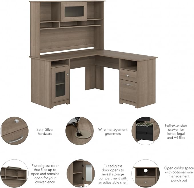 Bush Furniture Cabot L Shaped Desk with Hutch | Corner Desk with Storage for Home Office in Ash Gray | 60W L Shaped Computer Desk