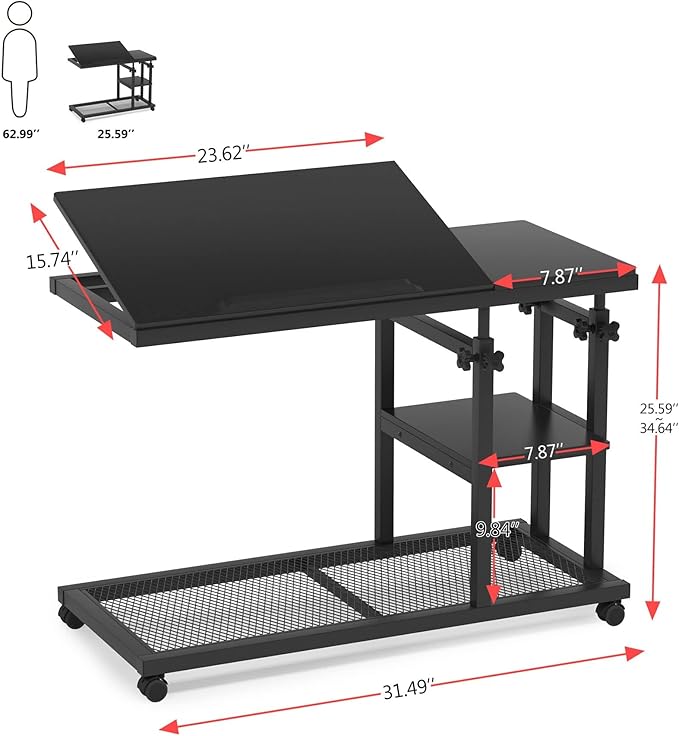 Tribesigns Height Adjustable C Table with Wheels, Mobile Couch Snack Side Table with Tiltable Drawing Board, Sofa Bedside Laptop Stand C Shaped TV Tray with Storage Shelves (Black)
