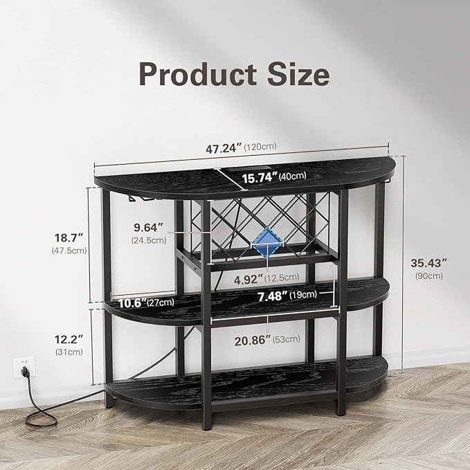 Zarler Bar Cart with Power Outlet Easy to Assemble, LED Home Bar Cabinet for Liquor, 47.3" L x 15.8" D x 36" H Metal Mini Bar Table with 4-Tier Storage, Black