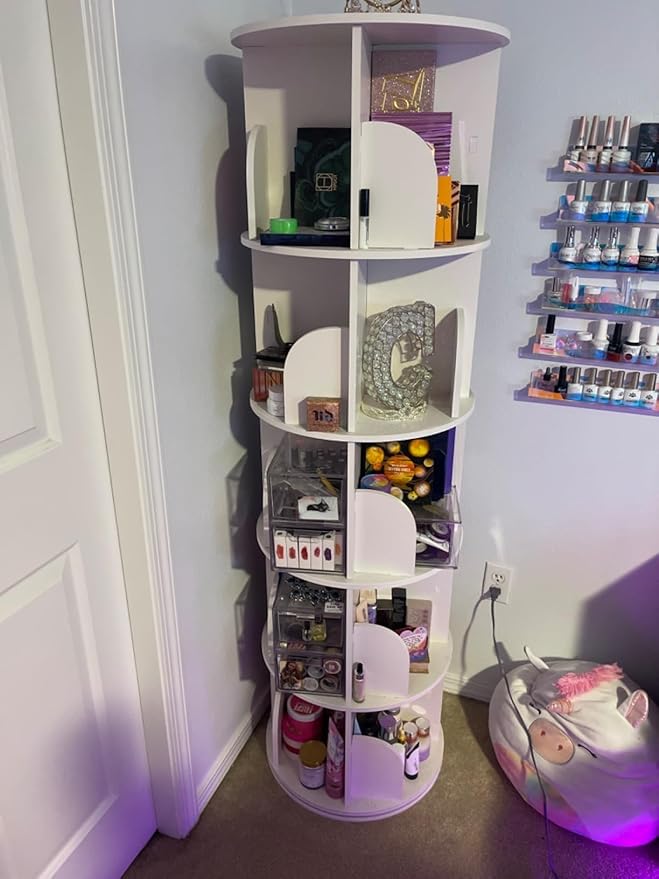5 Tier Rotating Bookshelf Tower, 360 Display Wood Spinning Bookshelf Tower Revolving Bookcase, 360 Book Shelf Storage Round Carousel, Vertical Rotate Turning Spiral Corner Organizer for Bedroom, White