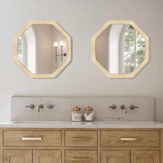 ULIKE Rattan Mirror for Wall, Bathroom 24 Inch Rustic Farmhouse Wall Decor with Handmade Wicker Frame, Boho Woven Mirror for Nursery Bedroom Living Room Entryway