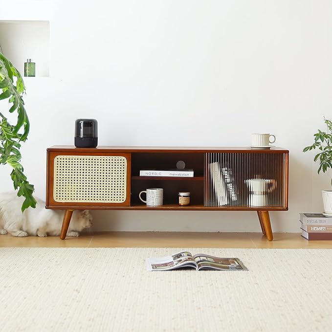 Tiita Rattan TV Stand for 55 Inch TV, Bamboo TV Cabinet with Adjustable Shelf and Storage, Boho Entertainment Center, Mid Century Modern Media Console for Bedroom, Living Room, Study, Walnut