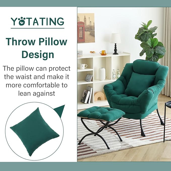 Lazy Chair with Ottoman, Comfy Reading Chair with Footstool & Pillow Modern Lounge Chairs with Armrests & Side Pocket for Living Room, Bedroom, Dorm Room，Dark Green
