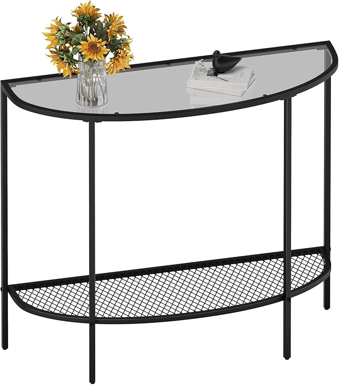 SAYGOER Glass Console Table 2 Tier Half Moon Entryway Table Modern Couch Table Small Entry Way Tables for Living Room Hallway, Easy Assembly, Gray Glass