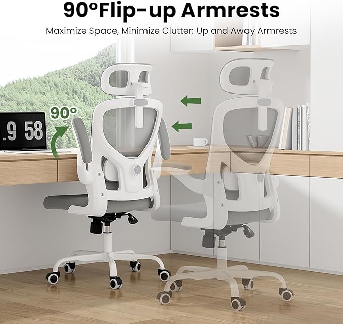 Ergonomic Office Chair, Comfy Home Office Chair High Back Computer Chair with Headrest, Adjustable Back Support, Flip-Up Arms, 90-120° Tilt and Wide Cushion, Up to 300lbs, Grey+White