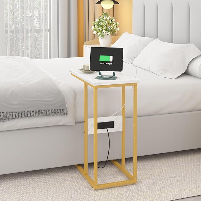 VECELO C Shaped End Side Table with Charging Station & Power Outlets for Couch Sofa/Bed Snack TV Tray with Metal Frame for Living Room Bedroom 1 Set, Gold