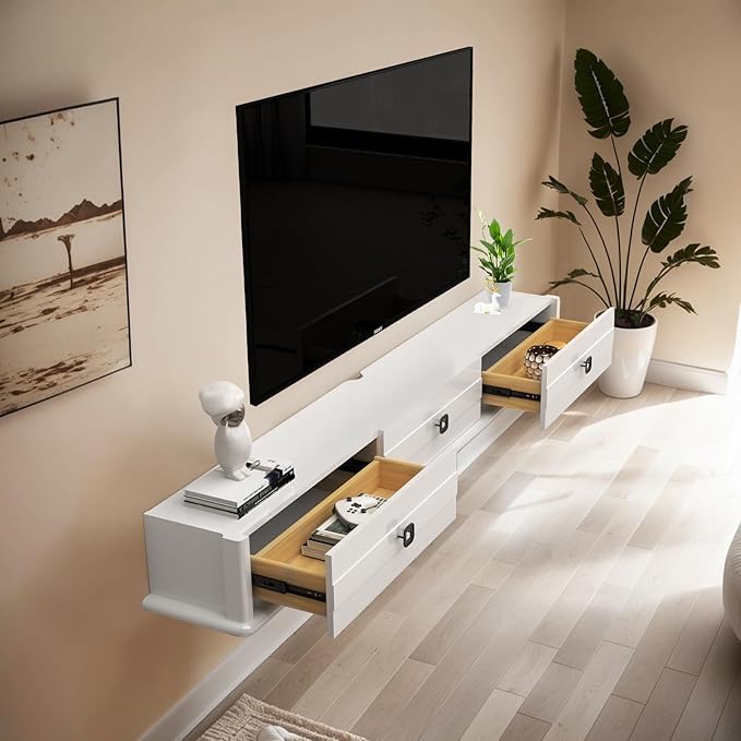 Pmnianhua High Gross Floating TV Stand,74″ Solid Wood Wall Mounted TV Console,Floating Entertainment Center with Door and 2 Drawers,Under TV Shelf for TVs up to 85''(White)