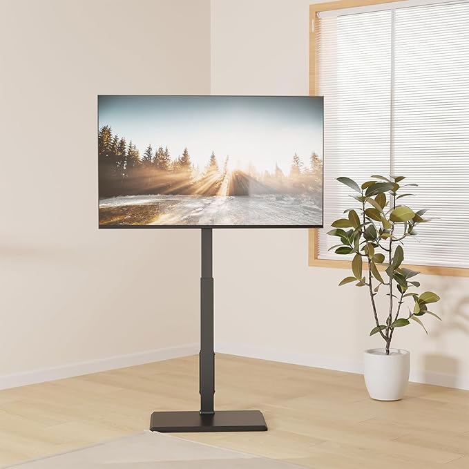 WALI Floor TV Stand with Power Outlet, Tall TV Stand Mount for 32-75 inch TV up to 110 lbs, Swivel and Height Adjustable TV Stands with Wood Base for Bedroom, Office(TVDVD-7P), Black
